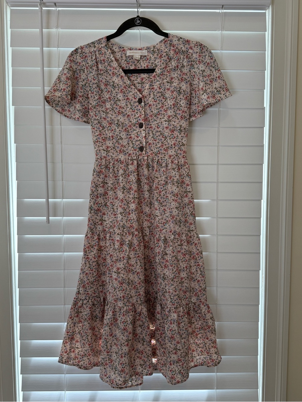 Monteau Cream Floral Button-Front Dress with Pink & Green Accents